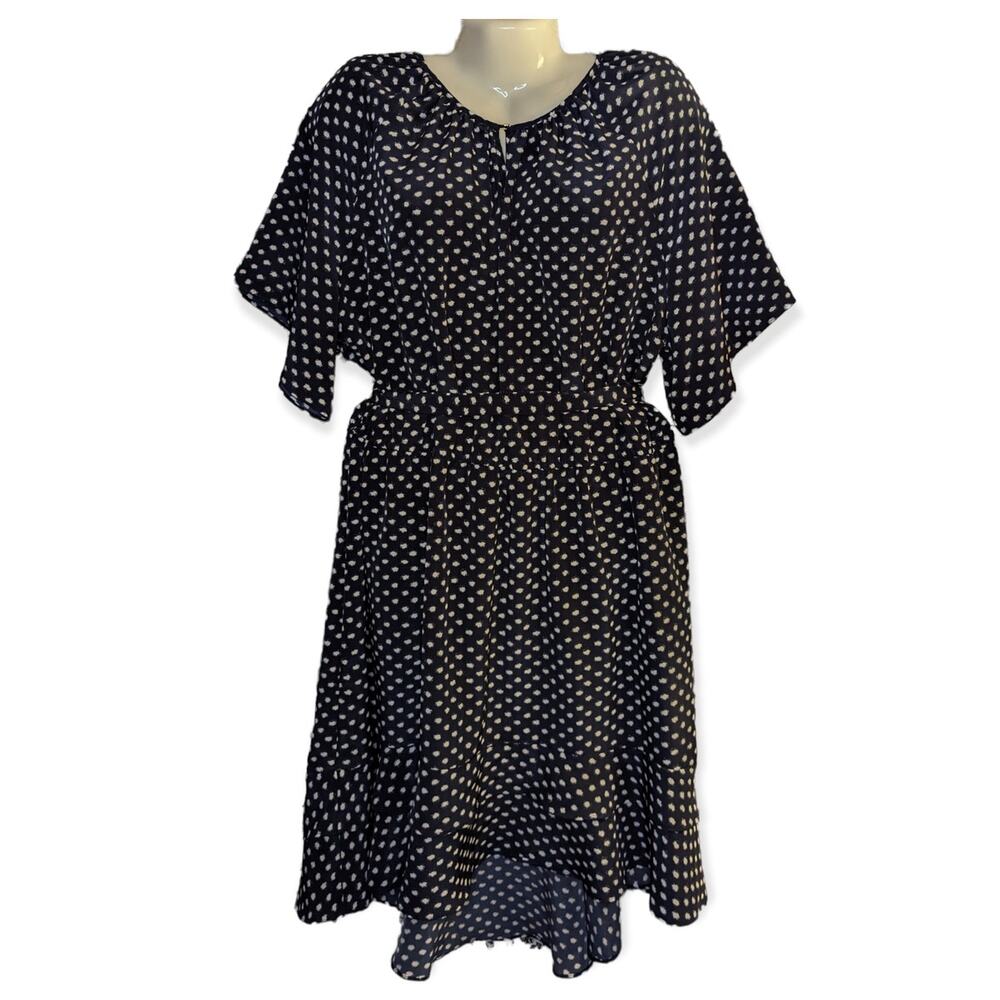 NWOT Ava & Viv Plus Size Navy Polka Dot Print Tie Waist High Low Dress Fall 3X